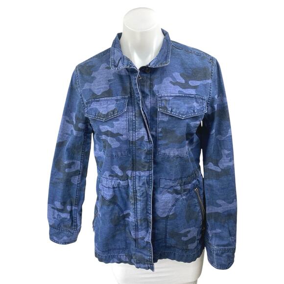GAP Women's Blue Camo Camouflage Long Sleeve Zip Up Denim Utility Jacket Top XS - Picture 1 of 4